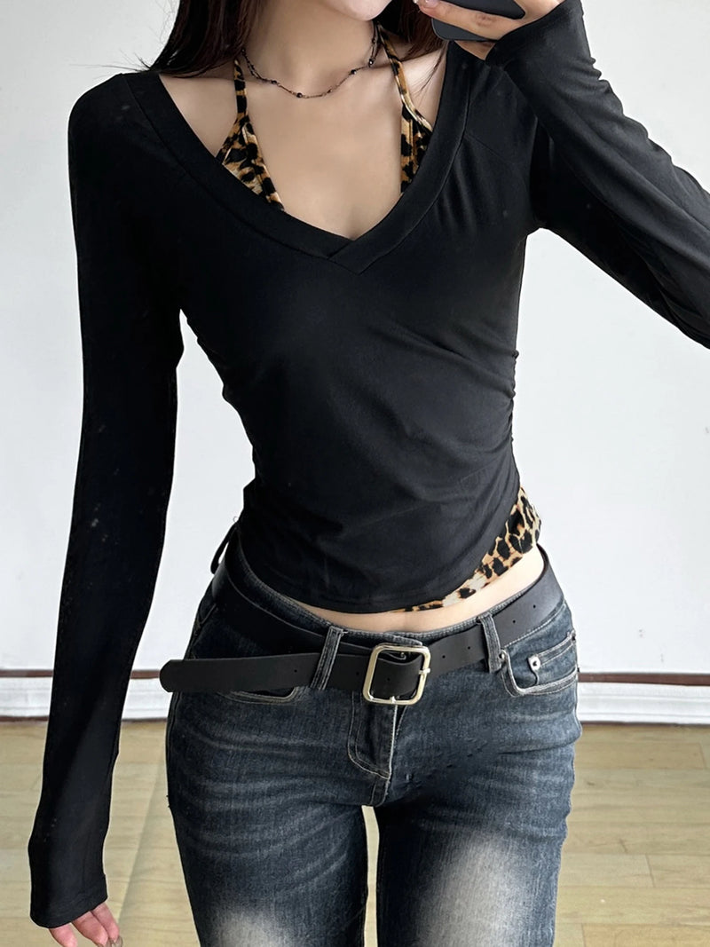 Patchwork Leopard Haled Fake Two Piece T-shirt Long Sleeve Slim Design S New Blouses & Shirt