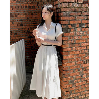 White Midi Dress With Belt Short Sleeve Shirts Dresses Summer Korean Aesthetic Single Breasted Vestidos