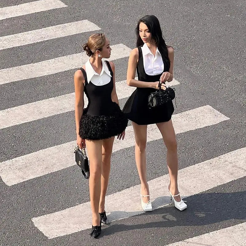 French Style Black and White Spliced Fake Twopiece Sleeveless Dress Summer Waist Cinching Slimming Aline Mini Dress for