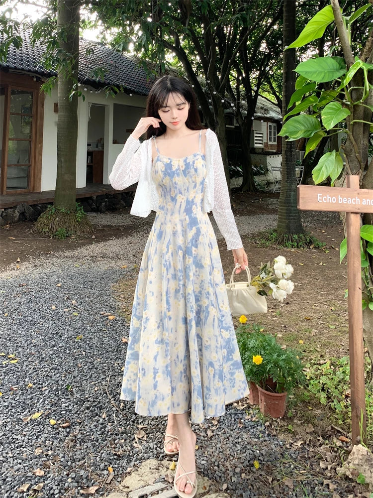 Summer Spaghetti Strap Long Dresses Prints French Midi Dress Stylish Partywear Sleeveless Ropa Mujer
