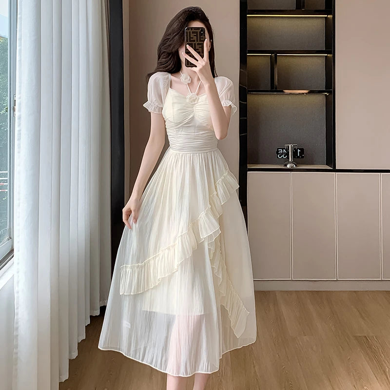 Summer French Midi Dresses New Folds Ruffle Party Robe Fairycore Neck Mounted Lady Maxi