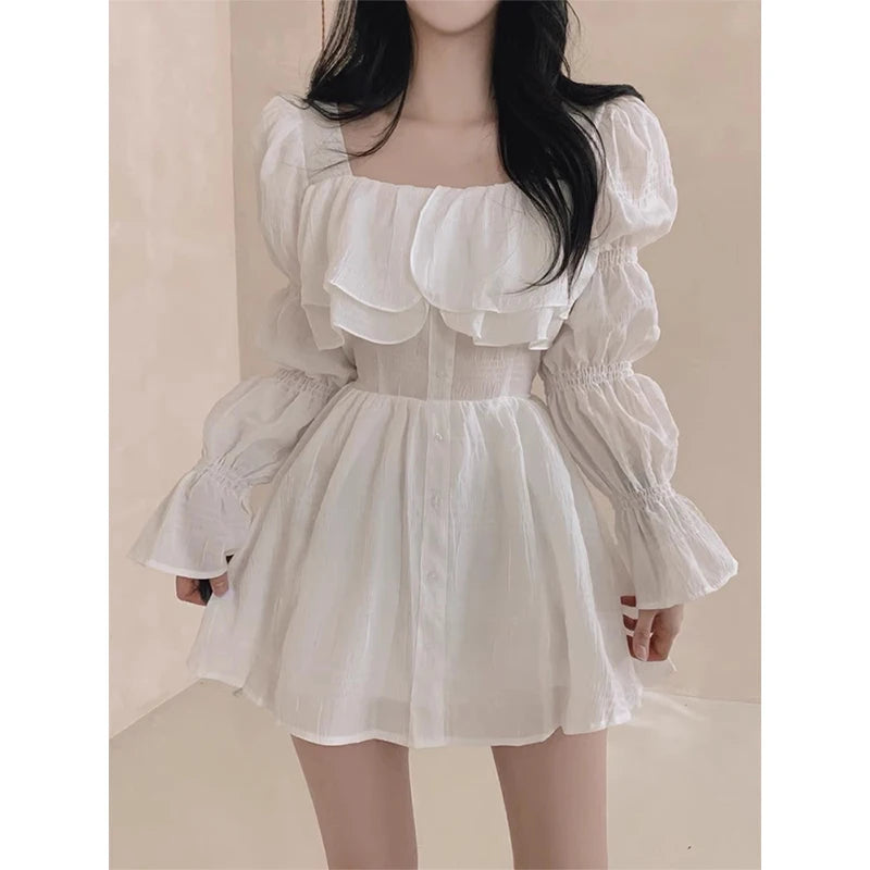 Dresses Puff Sleeve Ruffles Square Neck Spring Autumn Vestidos Mujer Korean Aline Mini Dress
