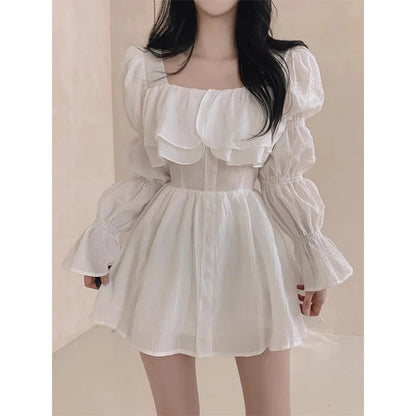 Dresses Puff Sleeve Ruffles Square Neck Spring Autumn Vestidos Mujer Korean Aline Mini Dress