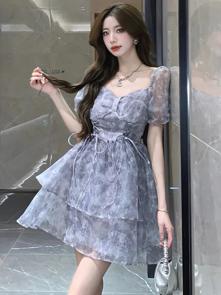 Korean Sweet Laceup Mini Dress Print Puff Sleeve Ball Gown Birthday Party Short Dresses Summer Spring Princess Vestidos