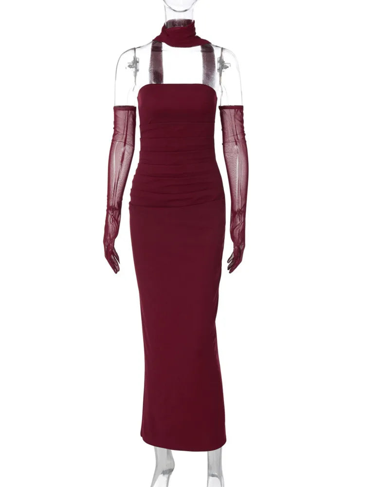Strapless Backless Maxi Dress for Burgundy Mesh Sleeve Off-shoulder Bodycon Club Party Evening Long Dress