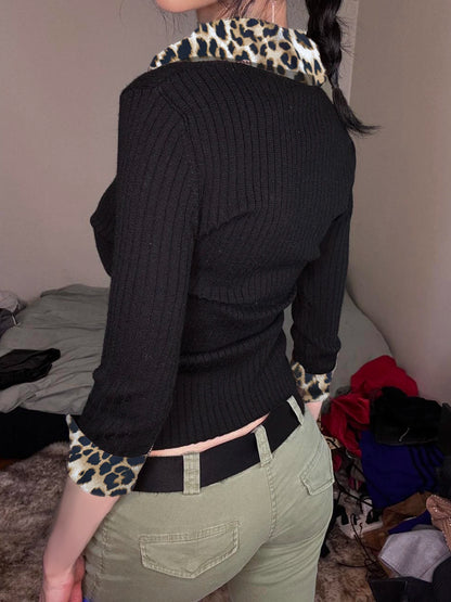 Leopard Up Turn Down Collar Button Long Sleeve Blouses S Autumn New Knitter Basic Top Tees