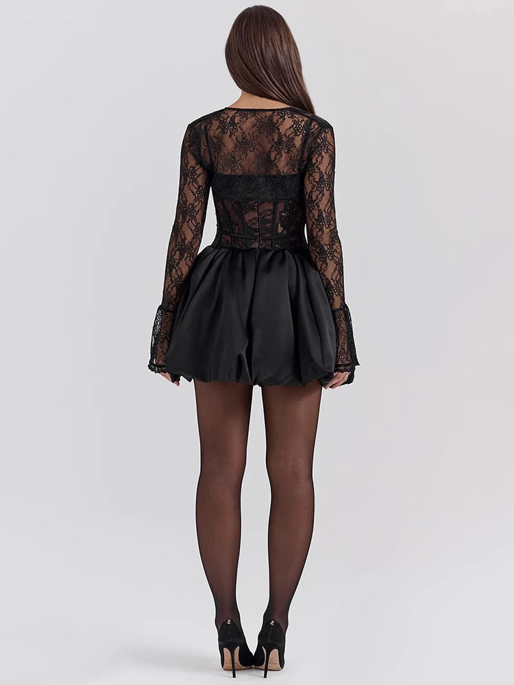 Black Lace Puffball Mini Dress for Lace-up Sheer Long Flare Sleeve High Waist Club Party Dress
