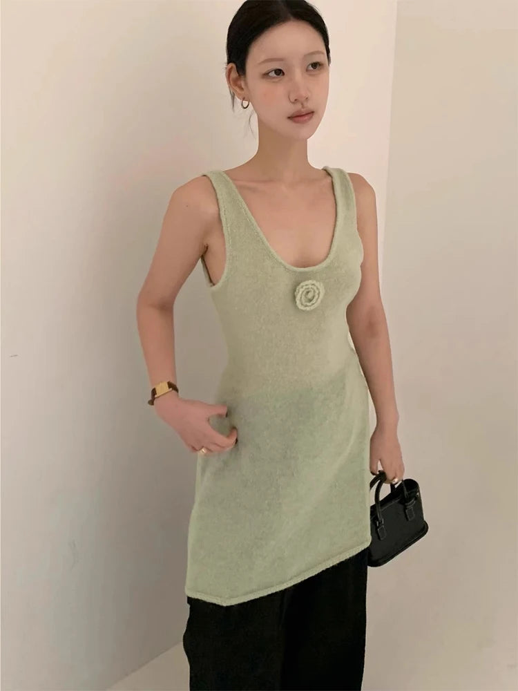 Three Dimensional Flower Knitted Vest Dress Summer New Design Looks Slim Can Be Worn in a Short Skirt