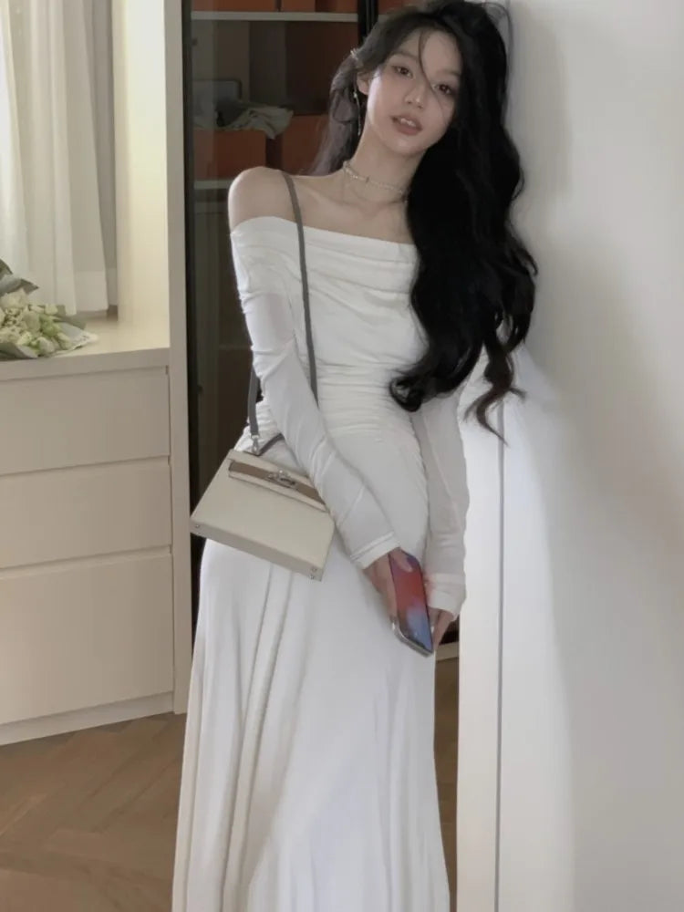 Off Shoulder Knit Midi Dresses Autumn Long Sleeve Pleated Dress Slim Evening Party Female Clothing