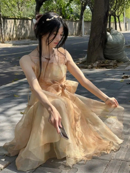 Summer Tie Dye Mesh Midi Dresses Sleeveless Fairy Bow Design Dress Female Irregular Ruffles Backless Dresses