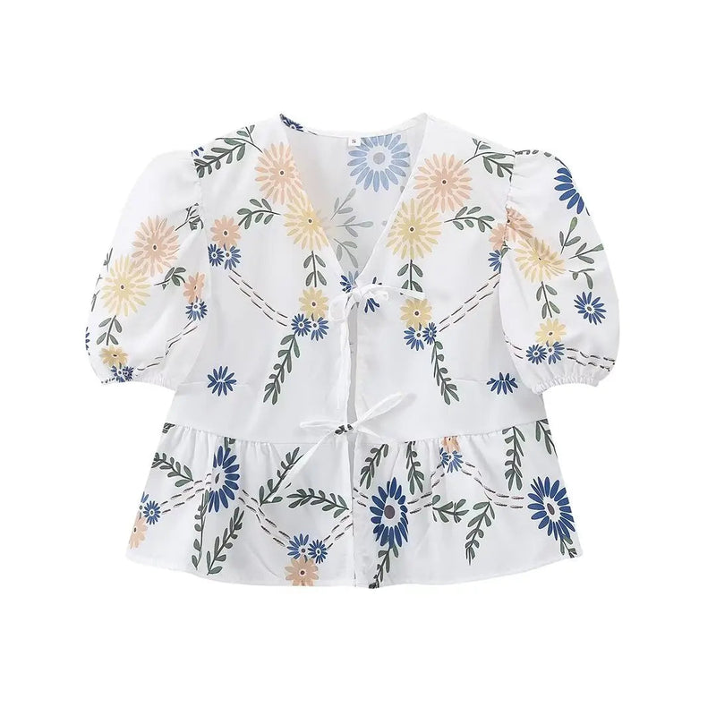 Summer Printed Short Sleeves Shirt Vneck Bow Laceup Cropped Top Female Sweet Blouse Top