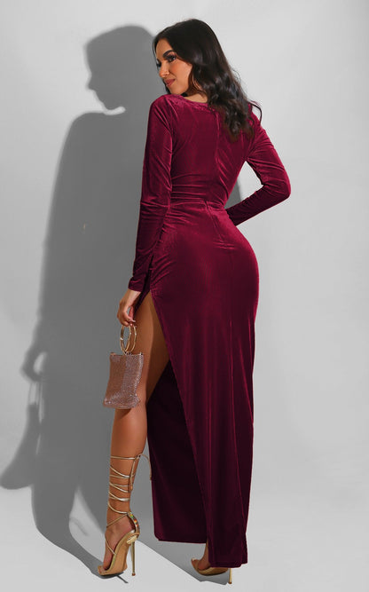 Velvet High Waist Slit Maxi Dress Long Sleeve Evening Party Dress