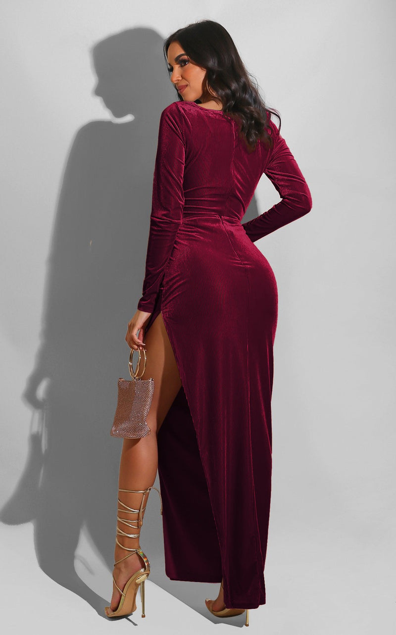 Velvet High Waist Slit Maxi Dress Long Sleeve Evening Party Dress