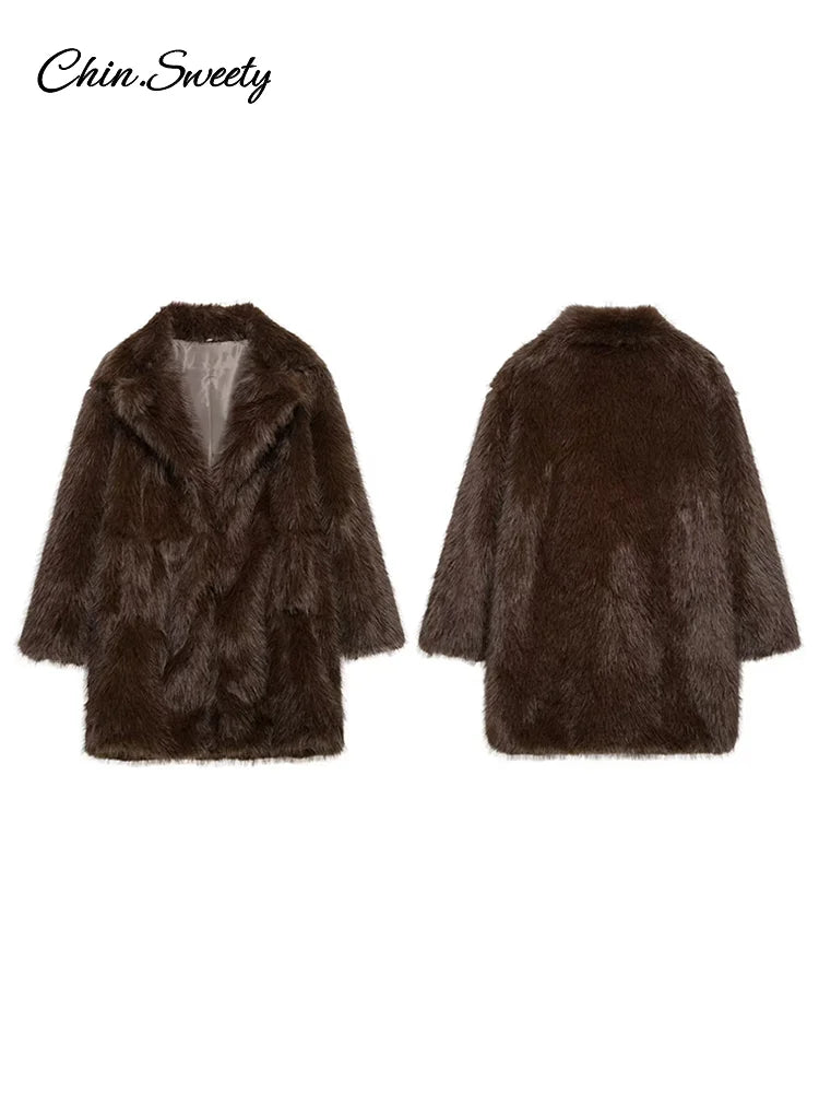 Brown Faux Fur Jacket Oversized Lapel Long Sleeve Fluffy Thicken Coats Female Winter Warm