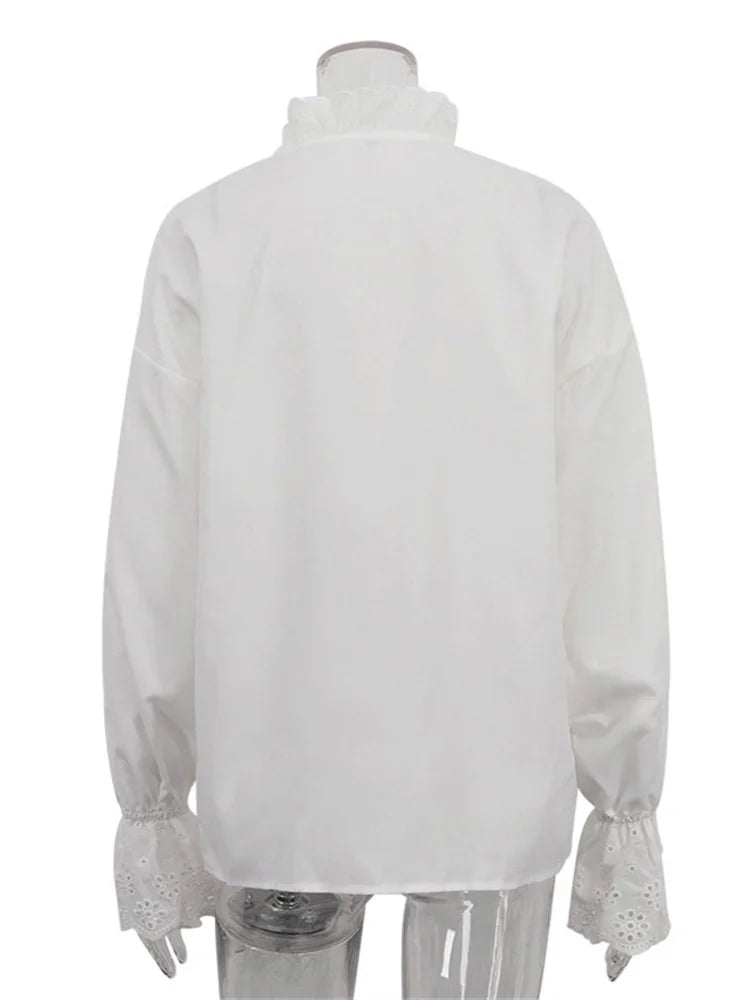 Female Glitter Ruffled Shirts Top Inner Patchwork Long Sleeve Commute Clothes Hollow Out ’s Blouses