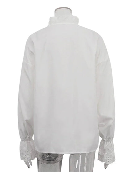 Female Glitter Ruffled Shirts Top Inner Patchwork Long Sleeve Commute Clothes Hollow Out ’s Blouses