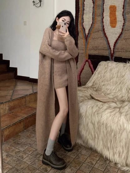 Autumn Winter New Knitted 3-piece Skirt Set Long Cardigan Strapless Crop Top Mini Skirt Y2k Korean Knitwear New