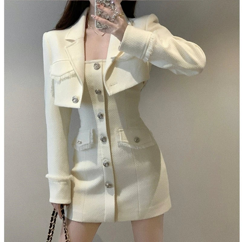 Autumn New Tweed Two-piece Set Long Sleeve Short Jacket Strapless Bodycon Mini Dress Korean Outfits