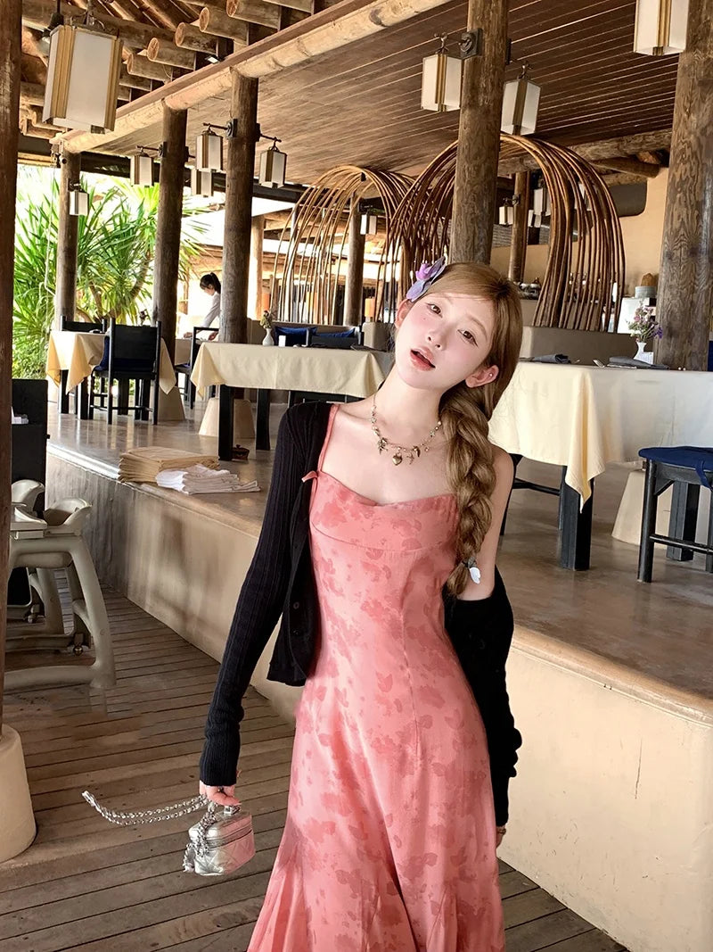 Y2k Spaghetti Strap Dress New Print Midi Dress Female Korean Slim Beach One Pieces Vestidos