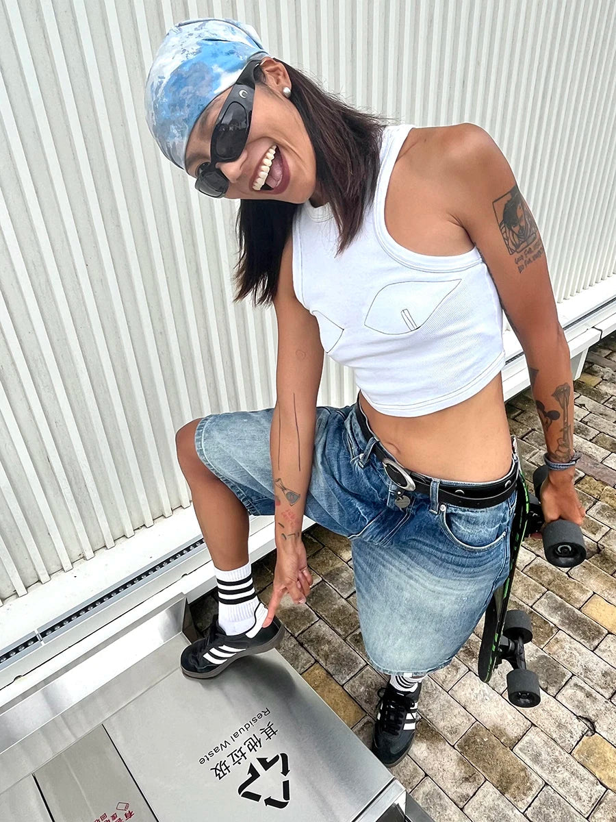Blank Patched Jeans Jorts Do Old Whiskers Wide Leg High Waist Denim Short Pants Y2k Korean