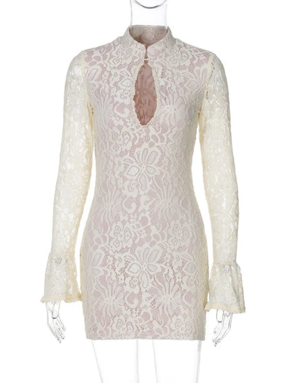 Lace Hollow Out Long Sleeve Mini Dress for Half High Collar Bodycon Club Party Dress Dresses