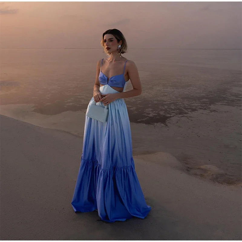Pleated Hollow Out Long Dress for Patchwork Sleeveless Backless Dresses Vacation Lady Evening Party Robe