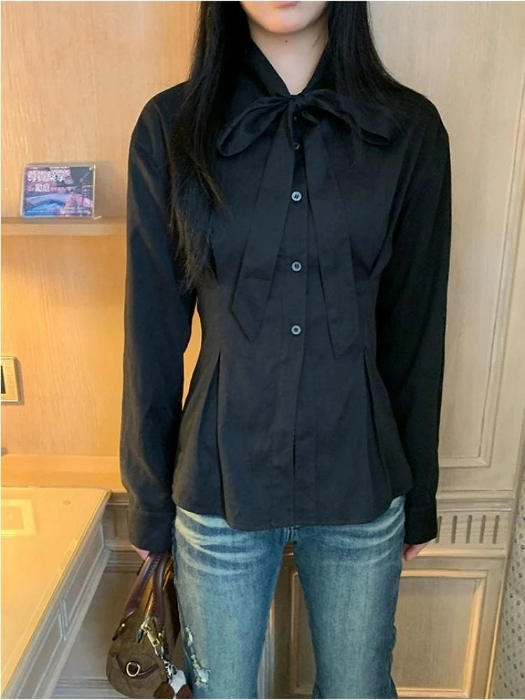 Black Shirts for Slim Long Sleeve Blouse With Bow Pleated Tops Korean Spring Autumn Office Clothes