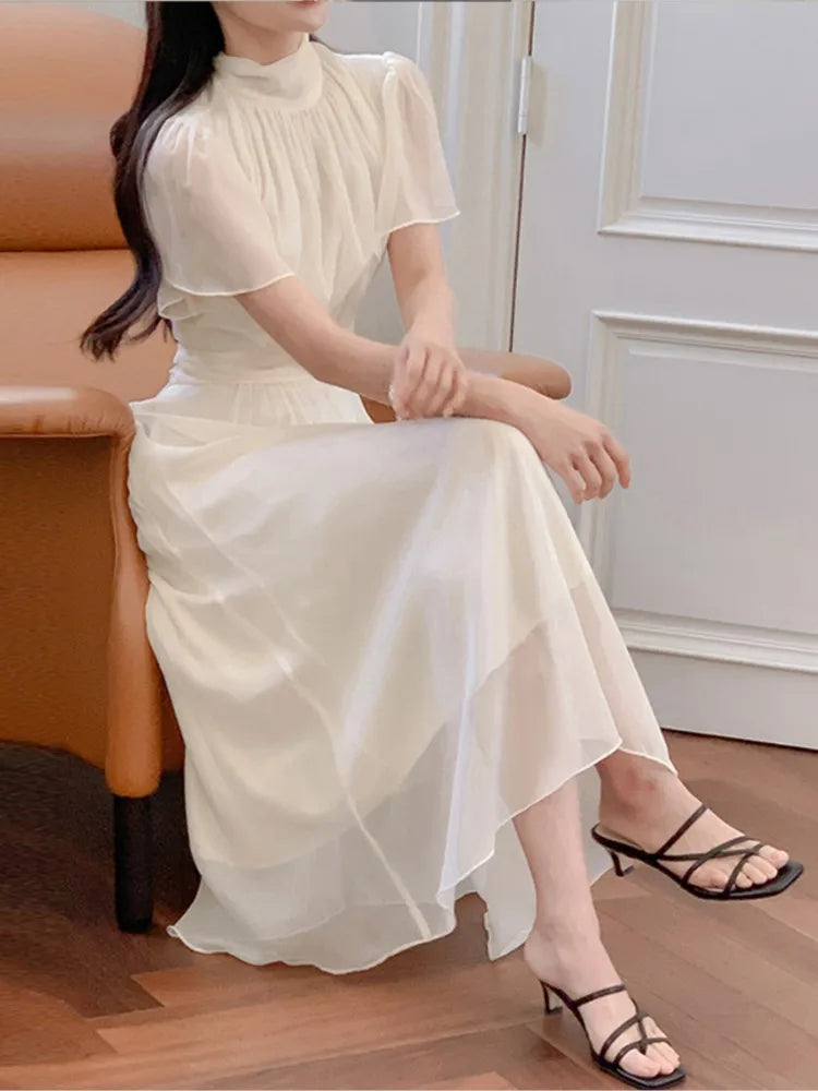 Midi Dresses for Ruffles Half-high Collar A-line Office Lady Korean Autumn Vestidos Mujer New