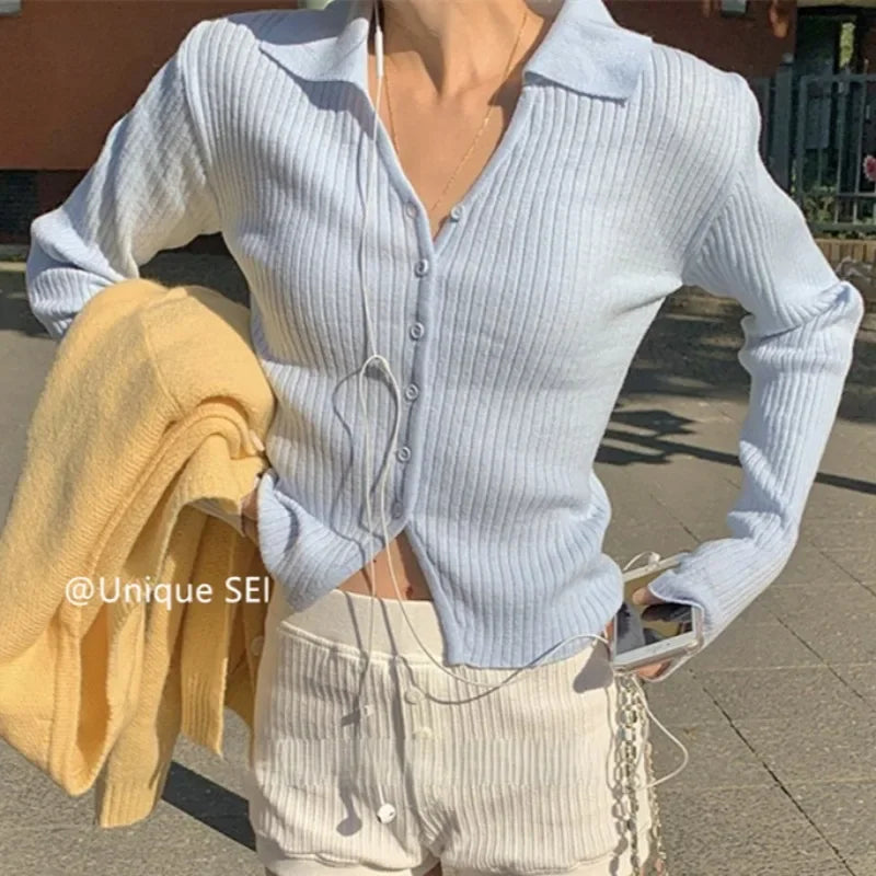 Color Threaded Longsleeved Cardigan Spring New Vneck Multibutton All Match Knitted Tops
