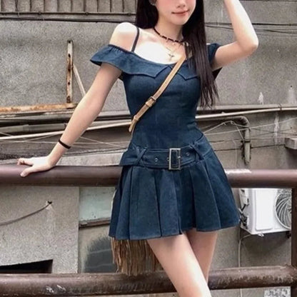 Denim Mini Dresses Ruffles Slash Neck Spring Summer Y2k Vestidos Mujer Korean Dress