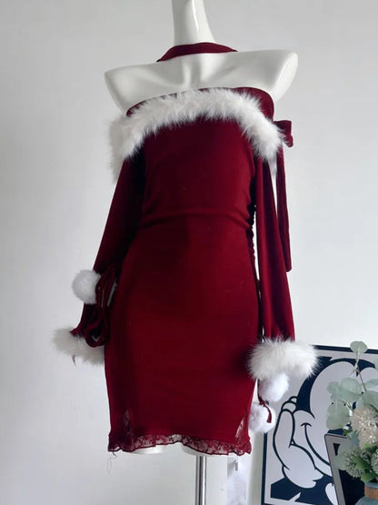 Kawaii Halter Mini Dress Sweet Bodycon Princess Christmas Birthday Party Dresses Autumn Female Slim Fit Short Vestidos Mujer New