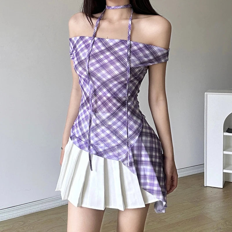 Y2k Aesthetic Sleeveless Plaid Blouse Summer Laceup Shirts Japanese Sweet Irregular Tees