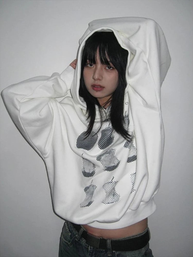 American Retro Fruit Print Hoodies High Street Apple Graphic Top Harajuku Oversized Design Aesthetics