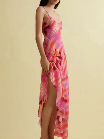 Flower Printed V Neck Beach Midi Dress