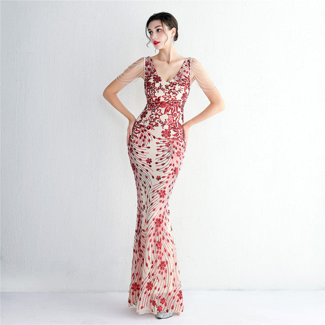 V-neck Sleeveless Dress With Stones and Crystals Sequins Tassel Party Dresses High Waisted Long Dress