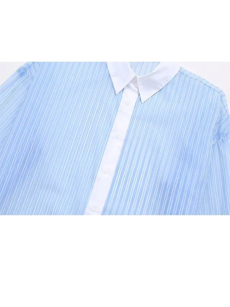 Spring Shirt Woman Blue Striped Lapel Long Sleeve Single Breasted Female Transparent Blouse