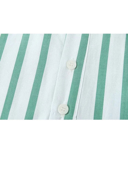 Summer Causal Short Sleeves Shirts for Woman Green Stripes Lapel Tshirt Buttons Female Cropped Slim Blouses