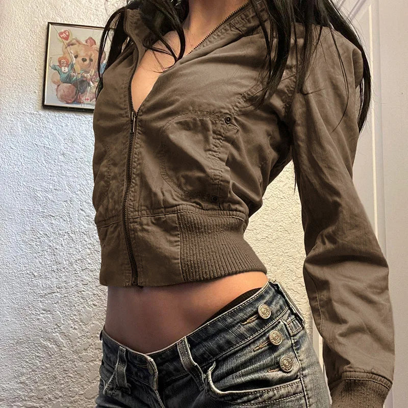 Y2k Fall Winter Crop Jackets for Turtleneck Zip Up Coats Brown 90s Clothes Bomber Jacket