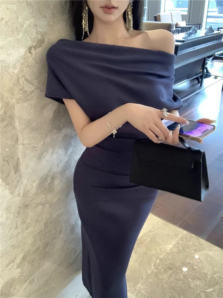 Skew Collar Long Dresses Spring Summer Vestidos Mujer Korean Bodycon Dress
