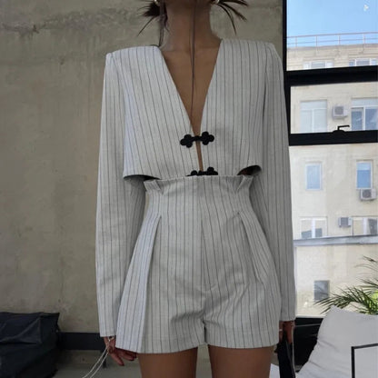 Designer Striped Set Oversized Blazer Two Pieces Set for Pullover Long Sleeve Shirt Tops and Shorts