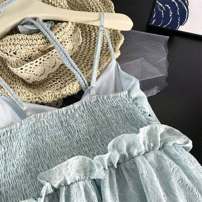 Korean Fairycore Midi Dress for Sweet Spaghetti Strap Halter Ruffles Birthday Party Dresses Summer Holiday Beach Vestidos