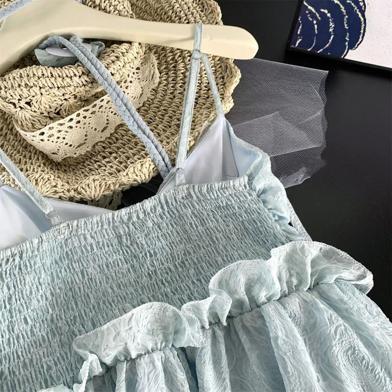 Korean Fairycore Midi Dress for Sweet Spaghetti Strap Halter Ruffles Birthday Party Dresses Summer Holiday Beach Vestidos