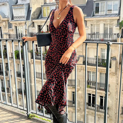 French Style Print Long Dress for Holiday Party Deep Vneck Sundress Slimfit Straight Tank Robe