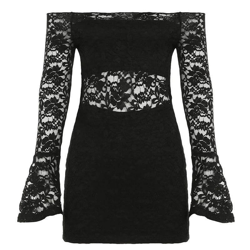 Lace Sheer Slim Fit ��s Dress Flared Long Sleeves Slash Neck Black Mini Dress