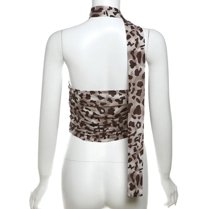 Tulle Leopard Print Top With Bandeau Off-the-shoulder Straight-cut Neckline Summer for Summer Blouse