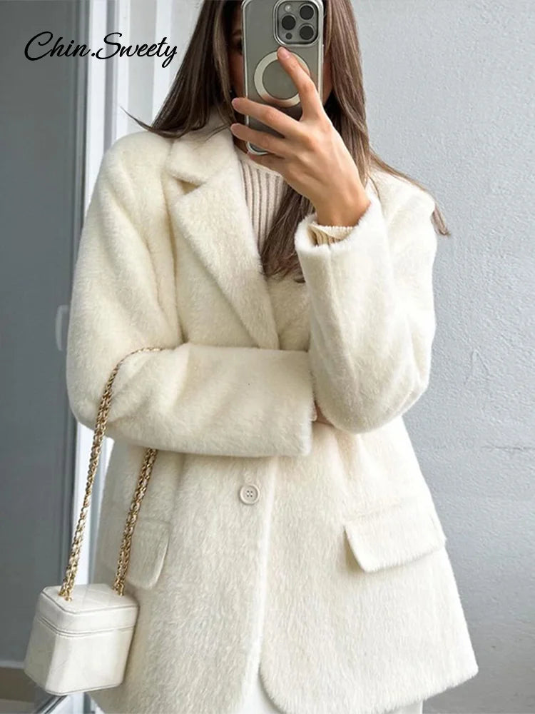 White Mohair Blazer Coat Loose Lapel Single-breasted Long Sleeve Thick Warm Jackets New Office Lady Street Outerwear