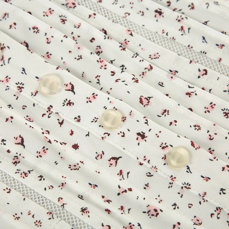 Print Ruched Aline Blouse French Style Singlebreasted Short Sleeve Top Slimming Tieup Collar Shirts
