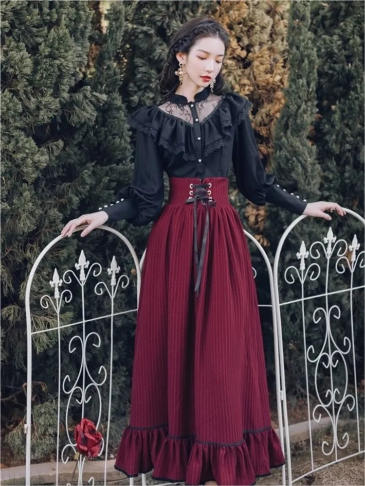 Gothic Two-piece Skirt Sets Black Lace Ruffle Blouse Lace-up Midi Skirt Autumn New Court Retro Suits Y2k Outfits