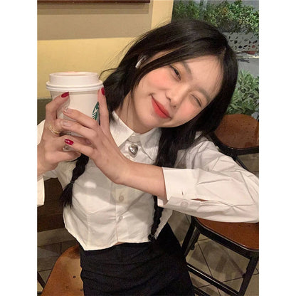 Y2k Cropped White Shirts Preppy Irregular Long Sleeve Blouses Summer Korean Pockets Slim Design Tops