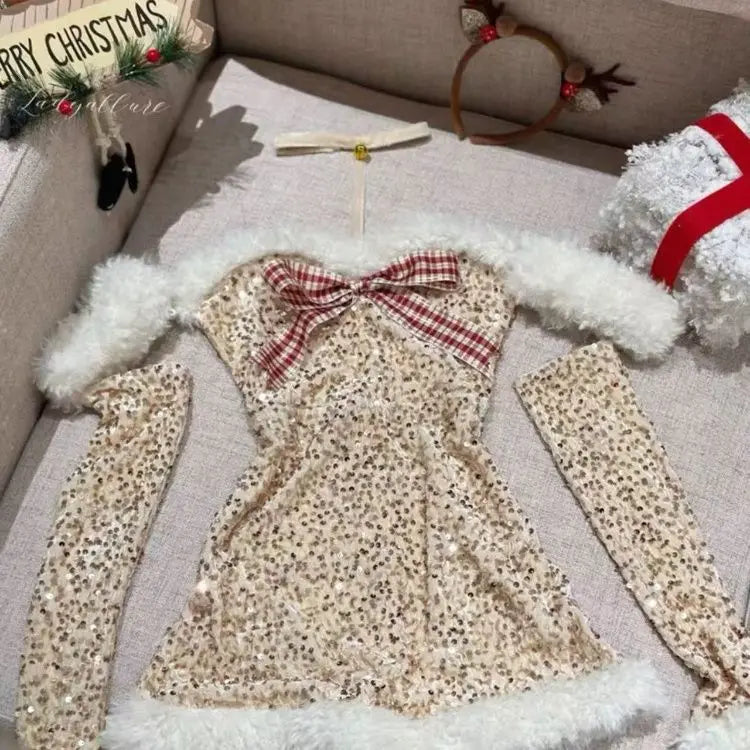 Sweet Spicy Girl Bow Sequined Strapless Dress for Autumn and Winter New Christmas Slim Fit Wrap Hip Mini Dress